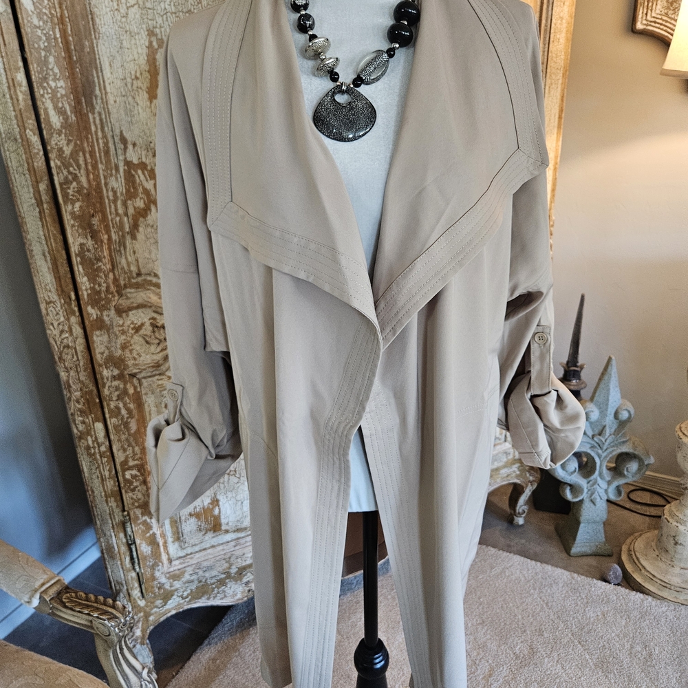 Max Studio Taupe Drape Front Trench Coat - Picture 2 of 11